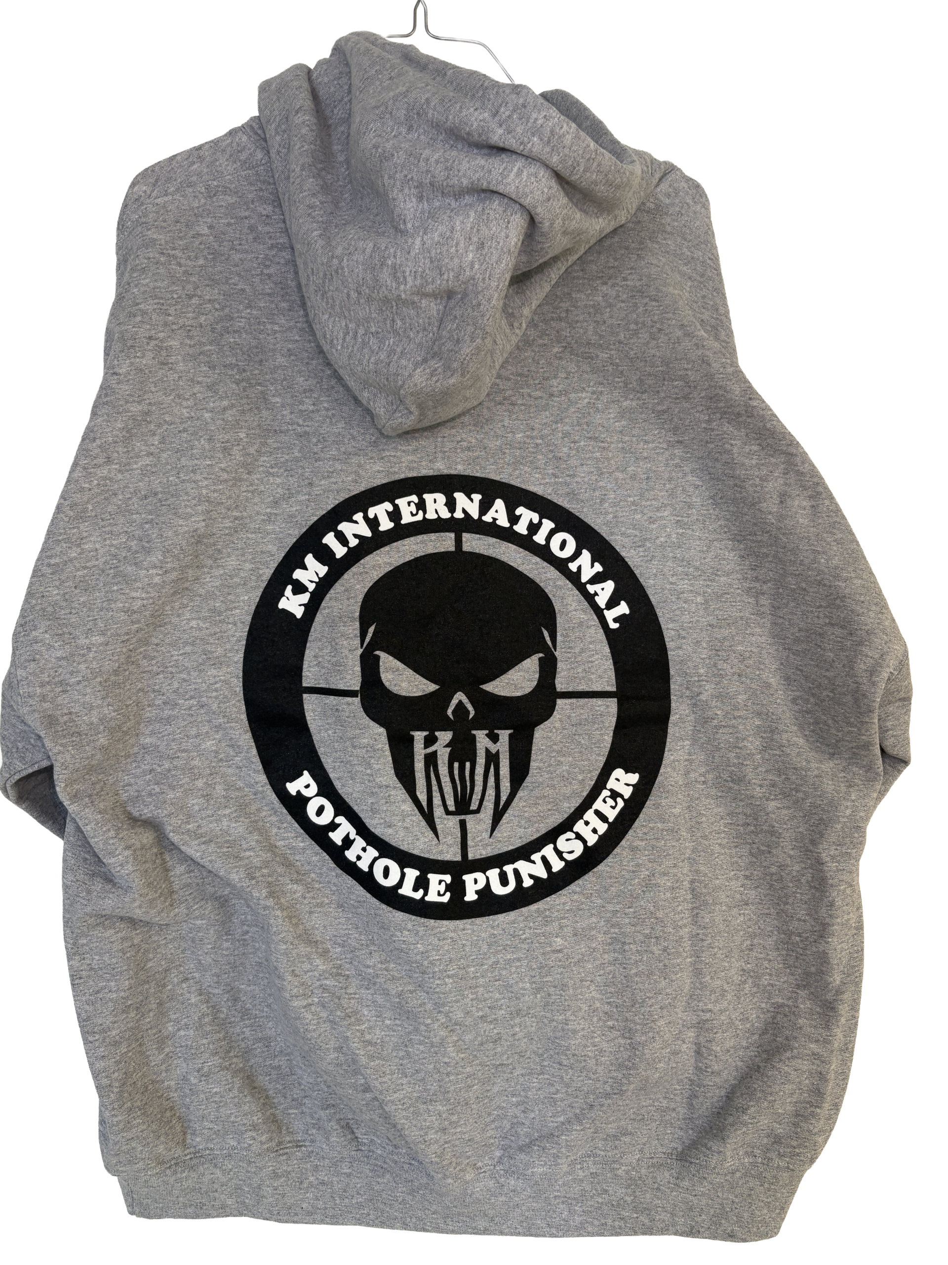 Back of the hoodie featuring Pothole Punisher logo in black