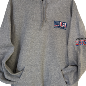 Front of the hoodie featuring the limited edition American flag themed KM International logo and the left sleeve that has an America 250 ribbon